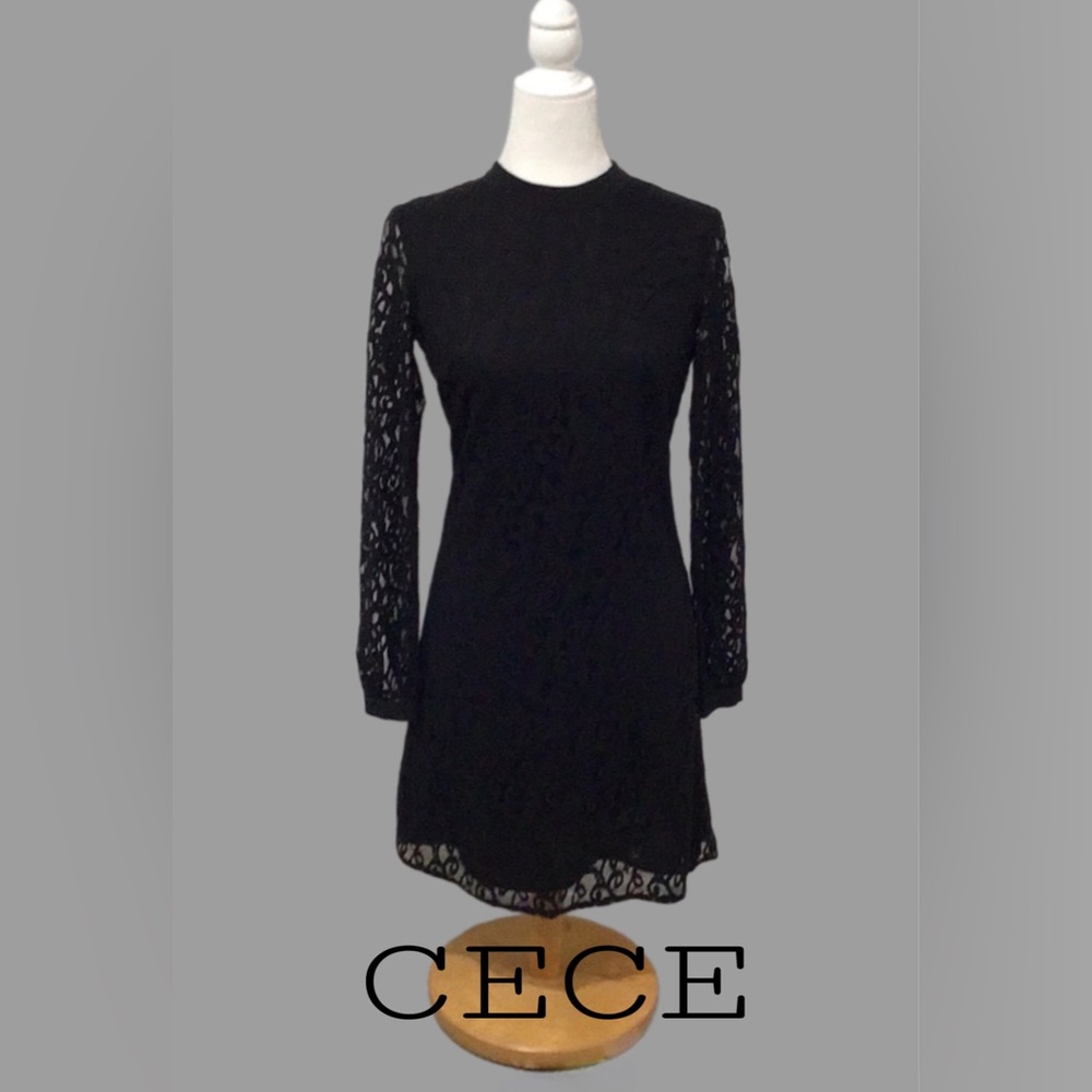 CECE Black Lace Overlay Dress Lined in Black with Long Tie Bow in Back, Size 2